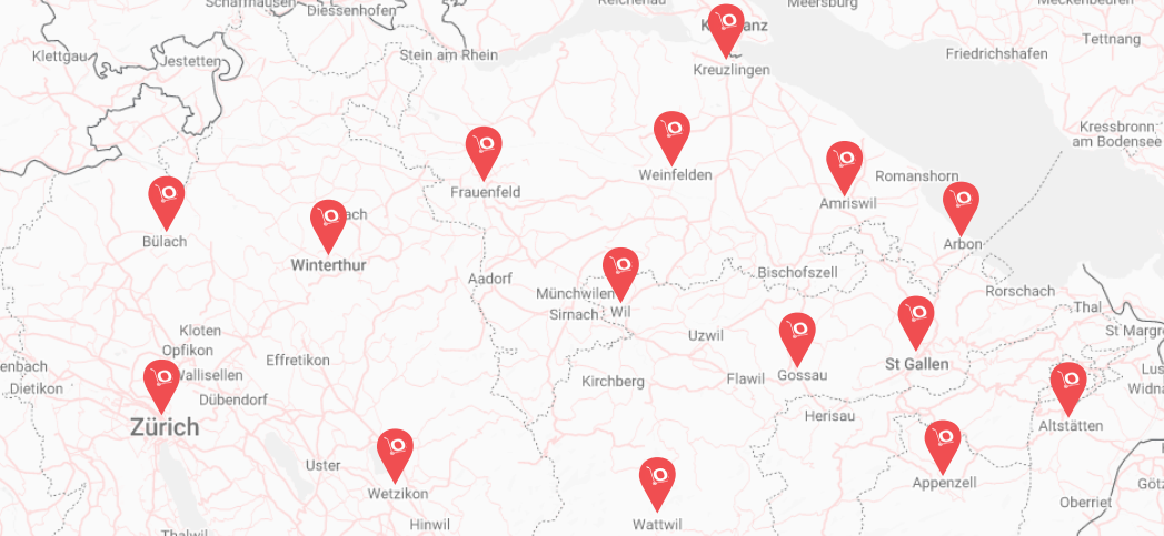 Karte Einsatzgebiete Osterlohs Räumungen – Zürich, Winterthur, Frauenfeld, Weinfelden, Kreuzlingen, Amriswil, Arbon, Wil, Gossau, St. Gallen, Appenzell, Altstätten, Wattwil, Wetzikon, Bülach